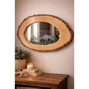 Handcrafted Edge Wood Mirror with Etched Moose Scene Artisan Rustic